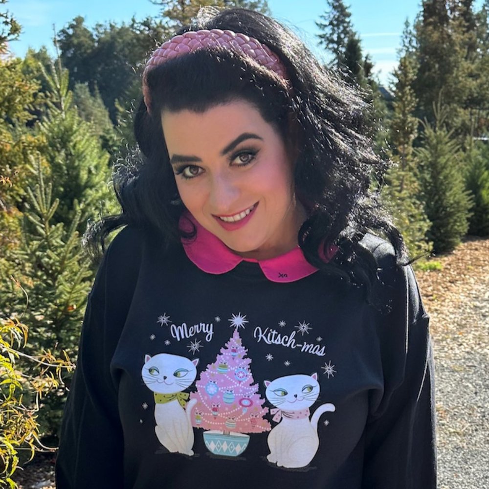 Vintage Inspired Pink Chrismtas Kitty Cat Holt Howard Crewneck Black Sweatshirt
